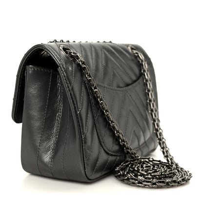Metallic Aged Calfskin Chevron Quilted 2.55 Reissue Mini Flap Grey