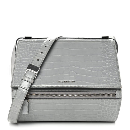 Calfskin Crocodile Embossed Medium Pandora Box Crossbody Bag Grey