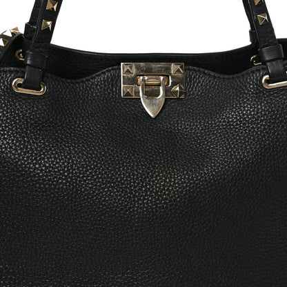 Pebbled Calfskin Medium Rockstud Tote Black