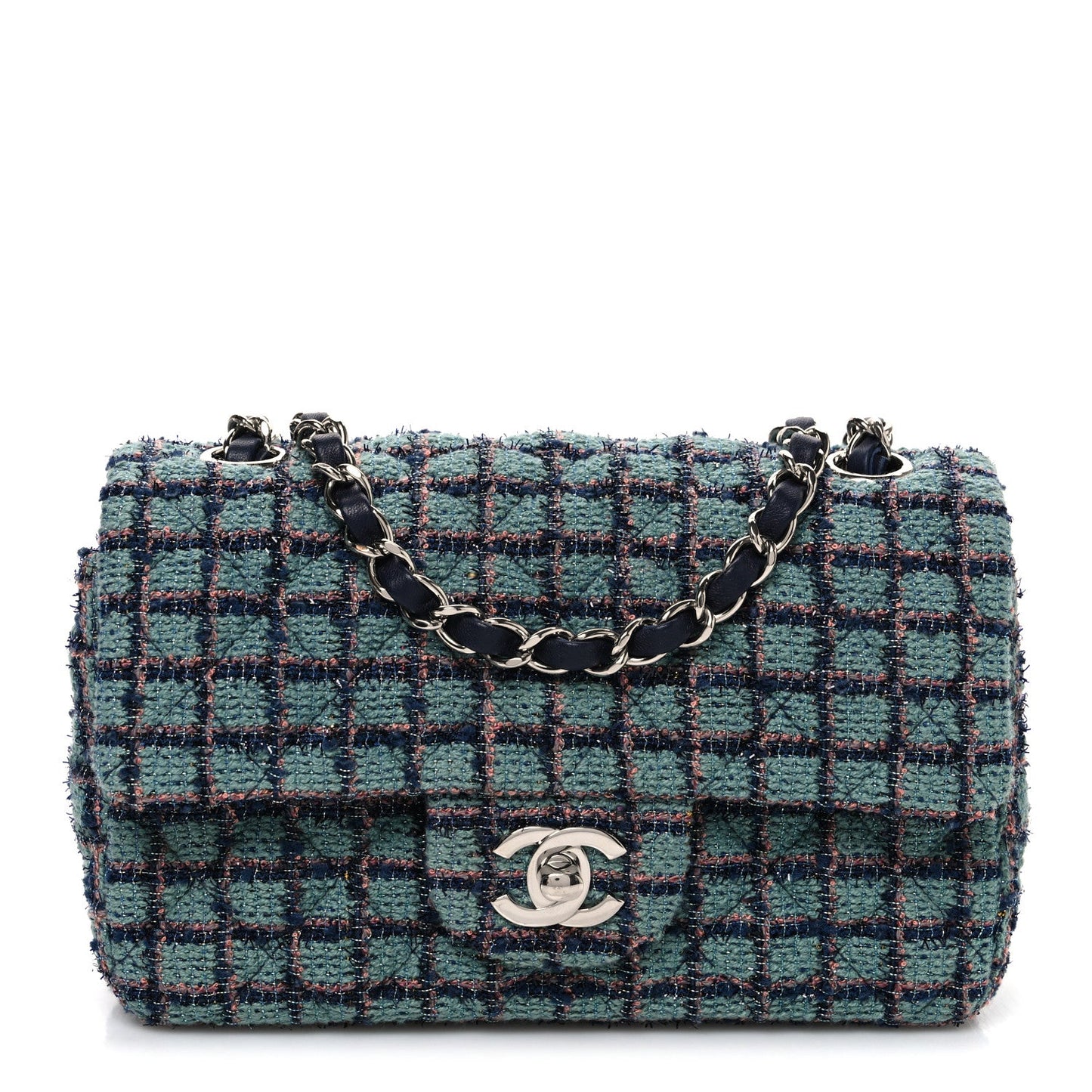 Tweed Quilted Mini Rectangular Flap Green Navy Dark Beige