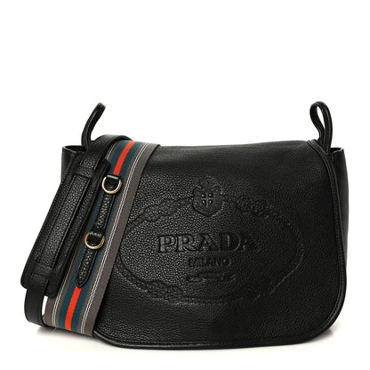 Vitello Daino Embossed Logo Flap Shoulder Bag Black