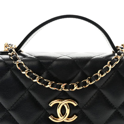 Shiny Aged Calfskin Quilted Top Handle Clutch With Chain Black