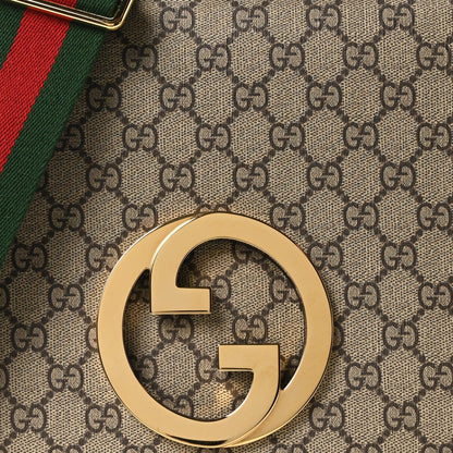 GG Supreme Monogram Textured Dollar Calfskin Web Medium Blondie Shoulder Flap Bag Beige Ebony New Acero