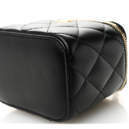 Lambskin Quilted Mini Pearl Crush Vanity Case With Chain Black