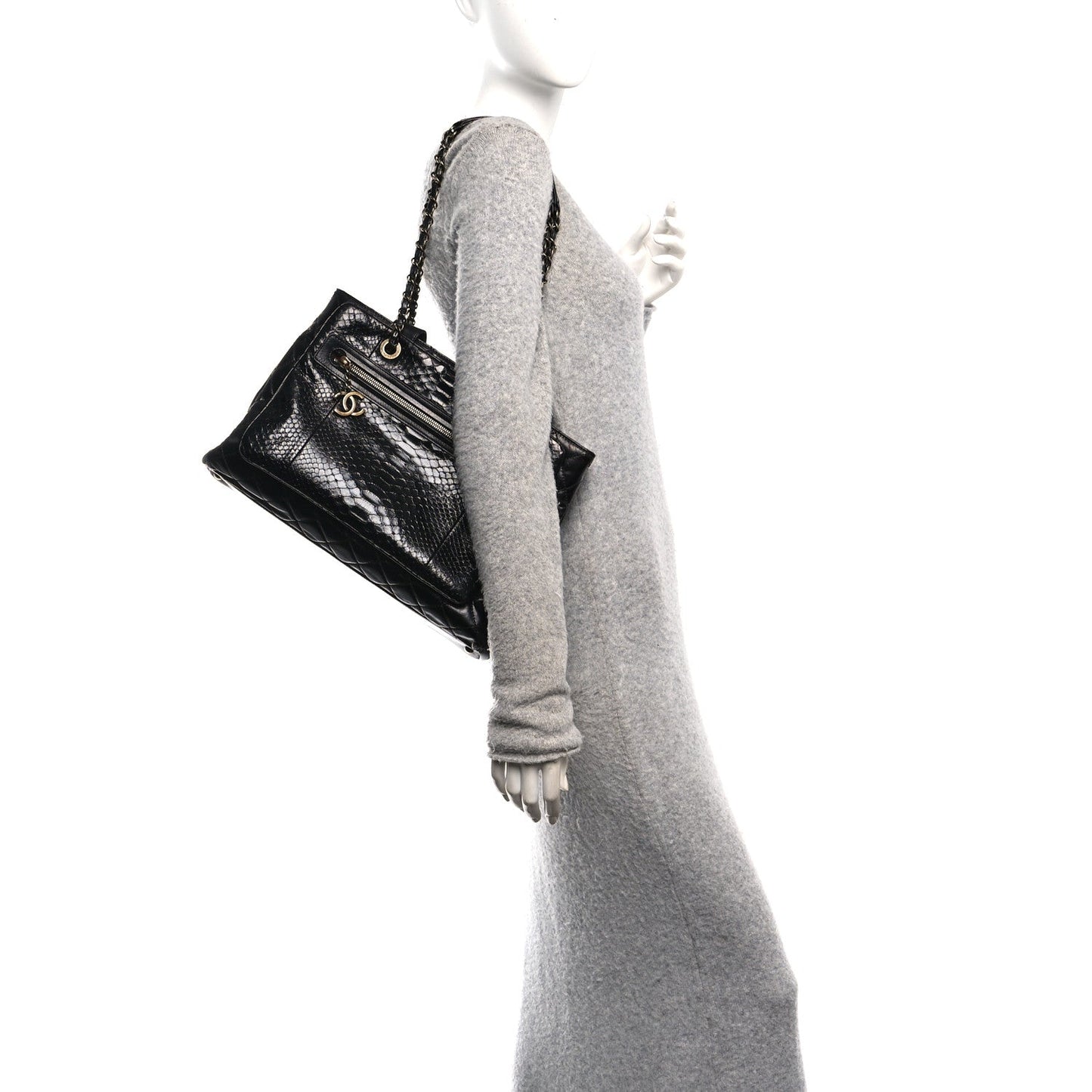 Snakeskin Glazed Calfskin Quilted Urban Mix Tote Black