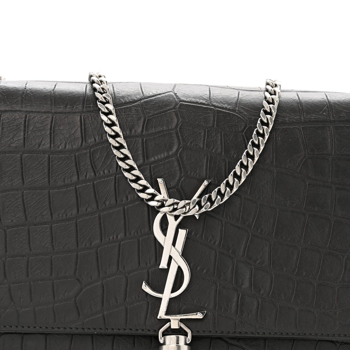 Calfskin Crocodile Embossed Medium Classic Monogram Kate Tassel Satchel Storm