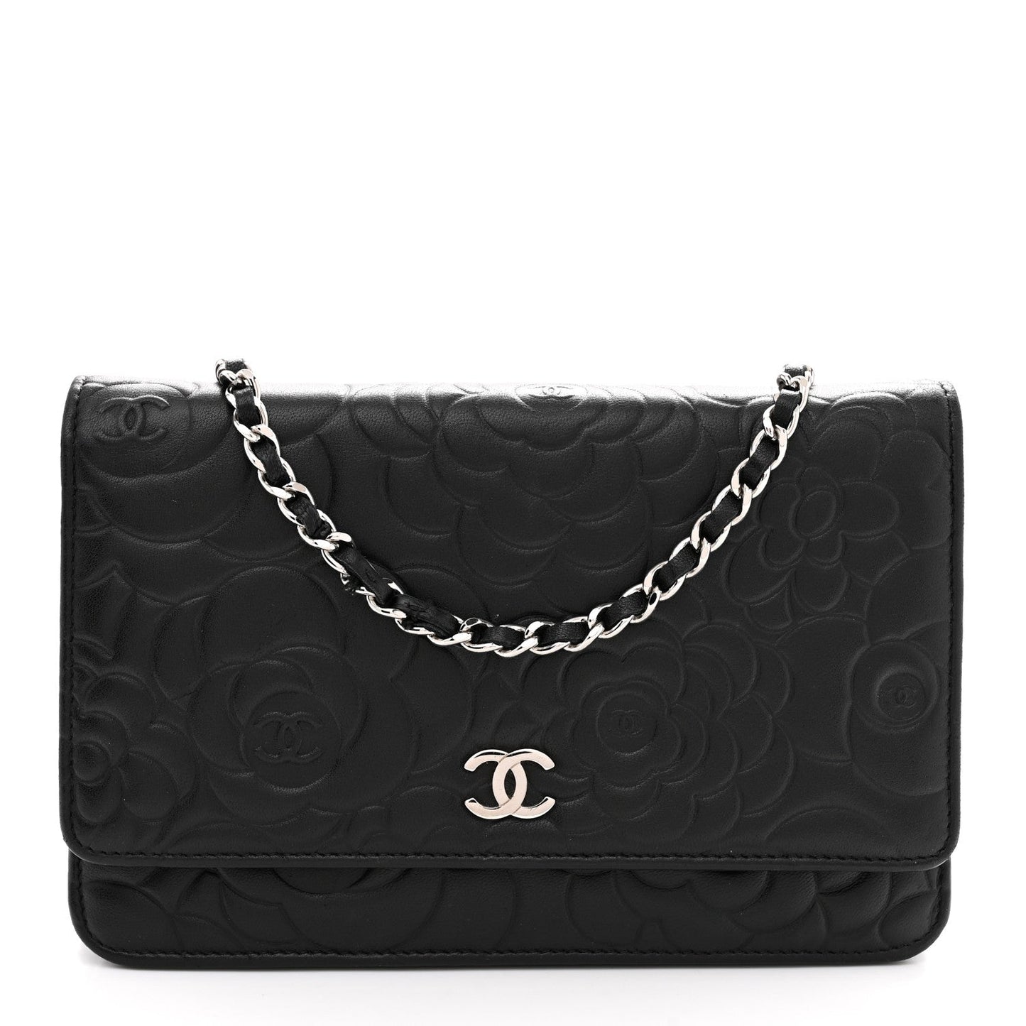 Lambskin Camellia Embossed Wallet On Chain WOC Black