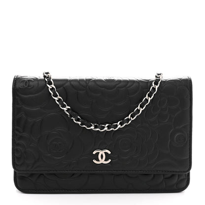 Lambskin Camellia Embossed Wallet On Chain WOC Black