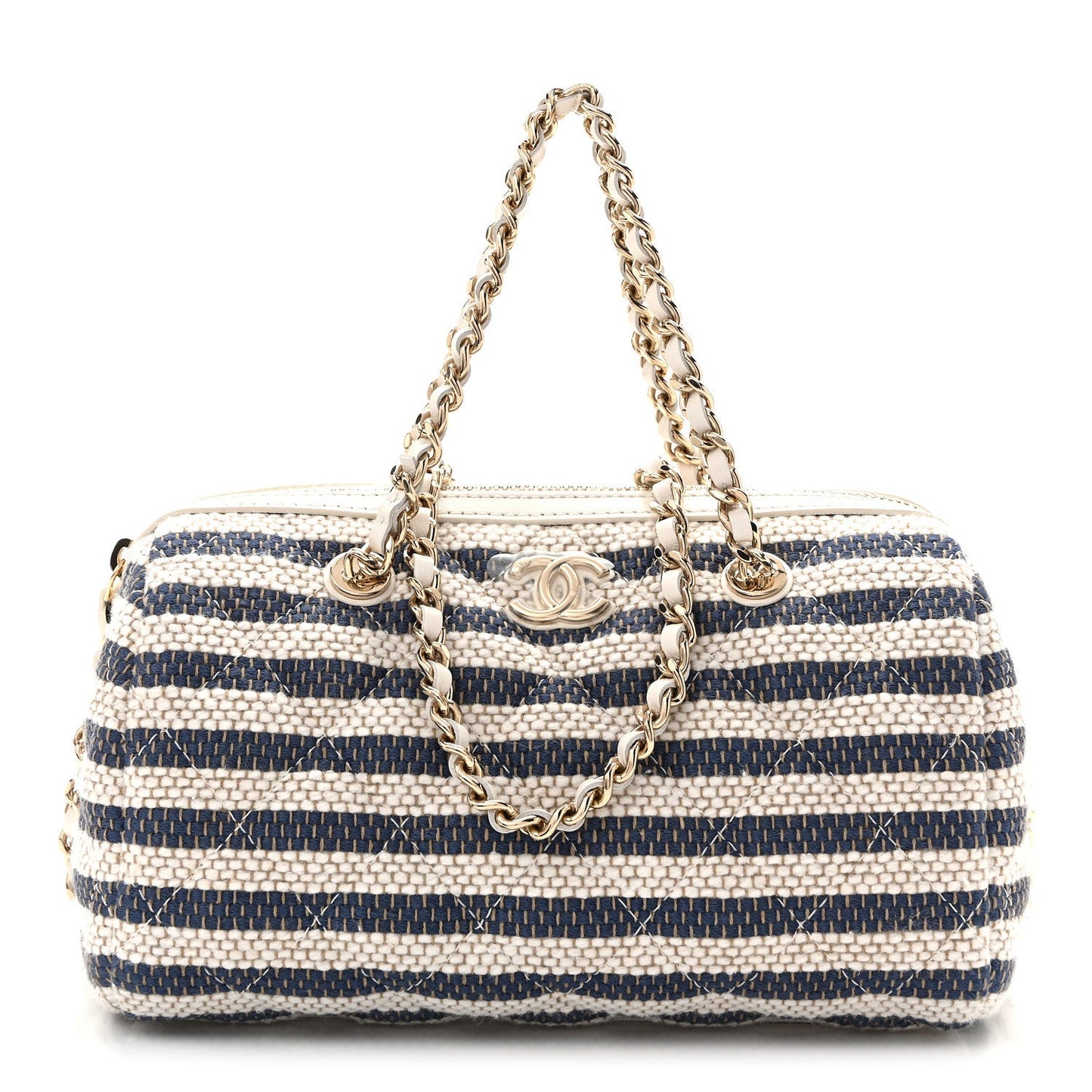 Printed Fabric Clutch With Chain Light Beige Dark Blue