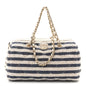 Printed Fabric Clutch With Chain Light Beige Dark Blue
