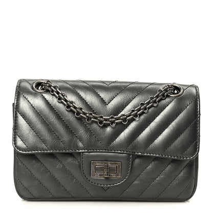 Metallic Aged Calfskin Chevron Quilted 2.55 Reissue Mini Flap Grey