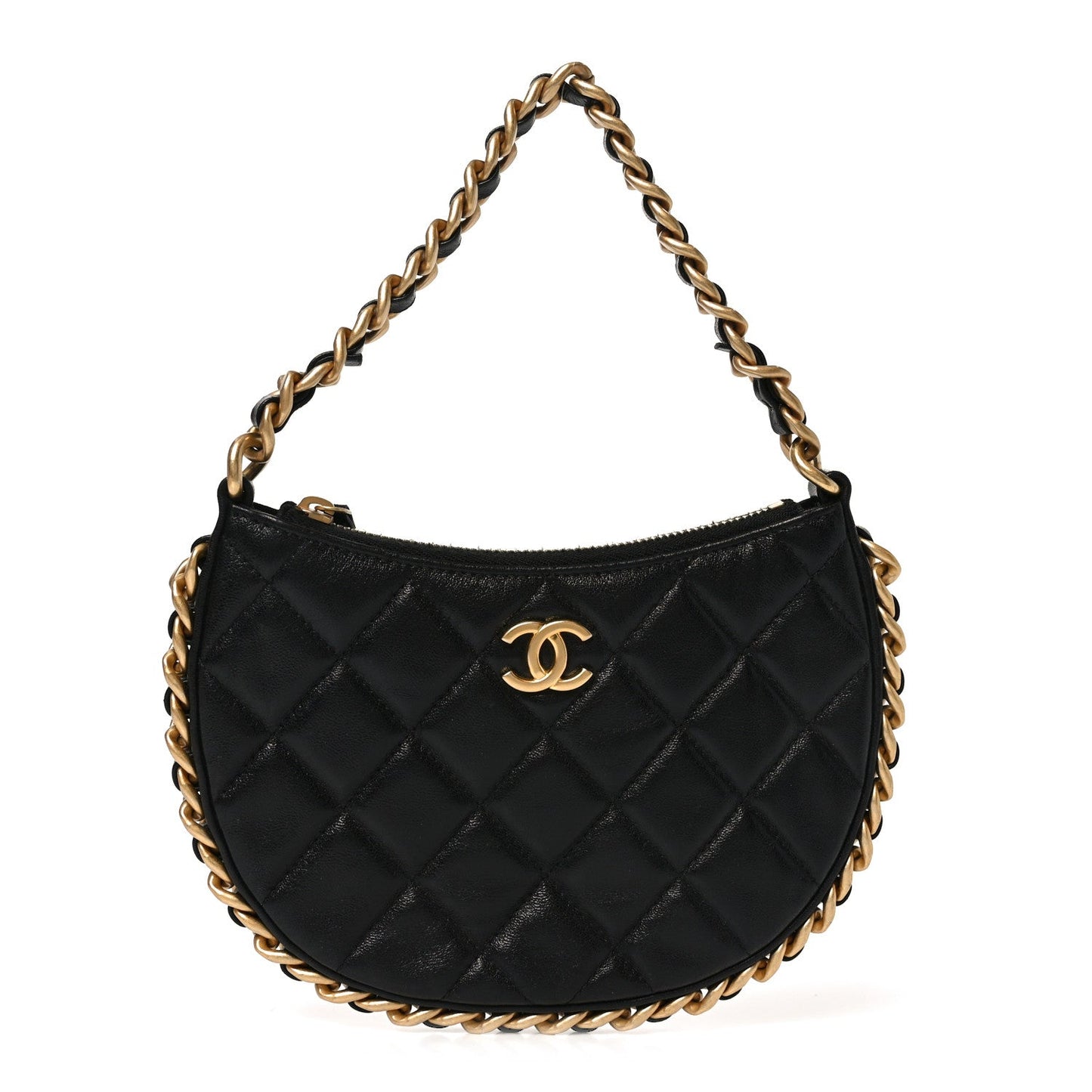 Shiny Crumbled Lambskin Quilted Round Small CC Hobo Black