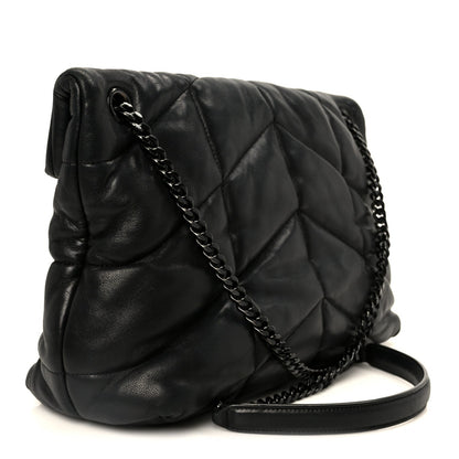 Lambskin Quilted Monogram Monochrome Medium Loulou Puffer Chain Satchel Black