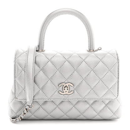 Metallic Caviar Quilted Mini Coco Handle Flap Silver