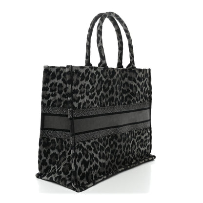 Canvas Mizza Embroidered Large Leopard Book Tote Grey