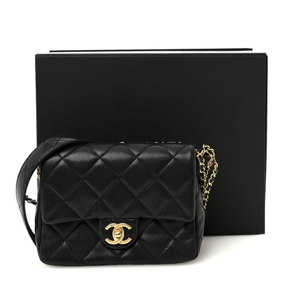 Shiny Caviar Quilted Mini Chain Messenger Flap Bag Black