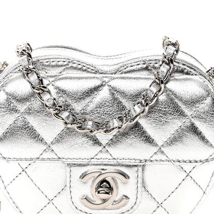 Metallic Lambskin Quilted CC In Love Heart Clutch With Chain Silver