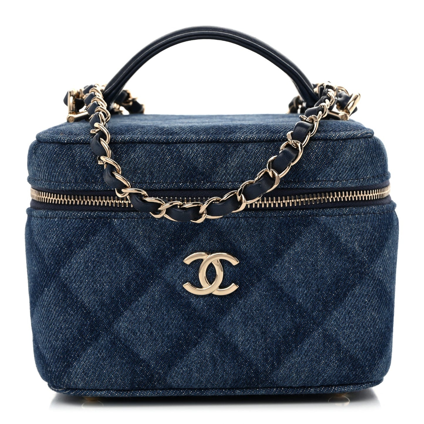 Printed Denim Quilted Mini Top Handle Vanity Case With Chain Dark Blue
