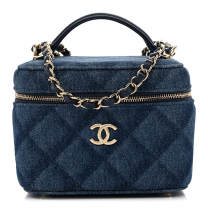 Printed Denim Quilted Mini Top Handle Vanity Case With Chain Dark Blue