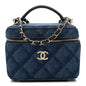 Printed Denim Quilted Mini Top Handle Vanity Case With Chain Dark Blue