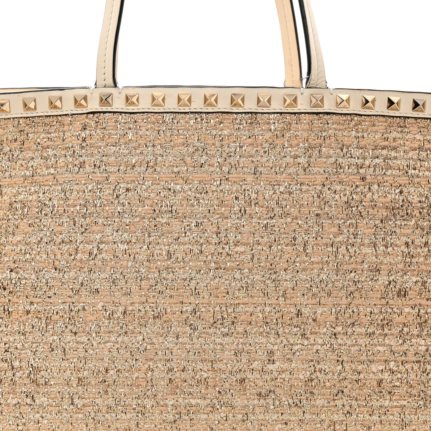 Metallic Boucle Raffia Calfskin Rockstud Shoulder Tote White Gold Ivory