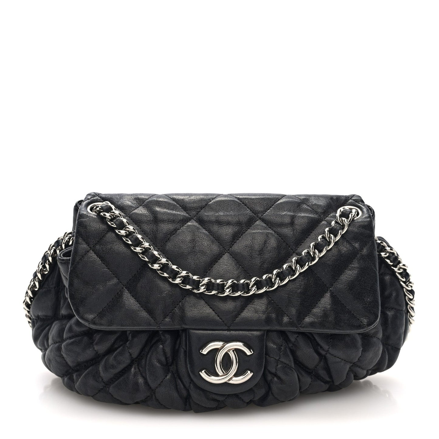 Washed Lambskin Quilted Medium Chain Around Messenger Black