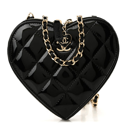 Patent Calfskin Resin Quilted CC Heart Clutch With Chain Black