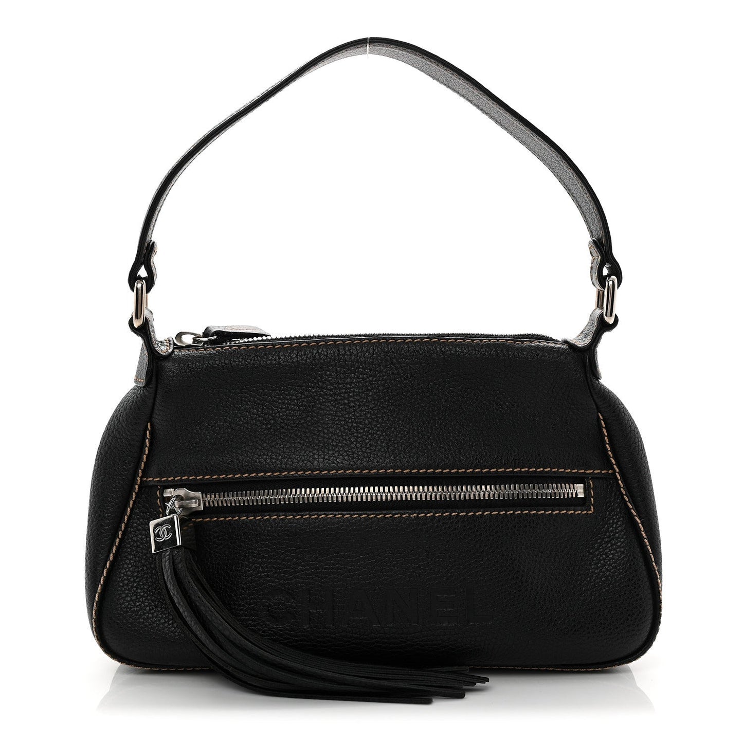 Grained Calfskin Tassel Shoulder Bag Black
