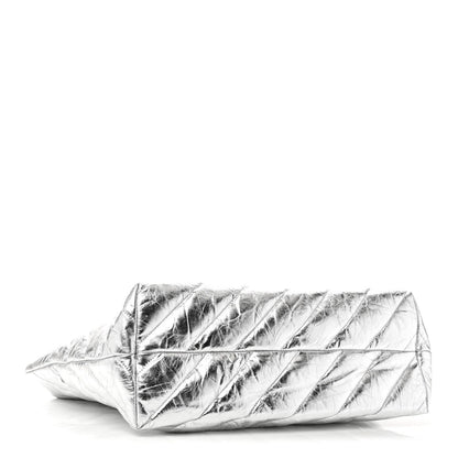 Metallic Crushed Calfskin Quilted Medium Crush Carry All Tote Bag Silver