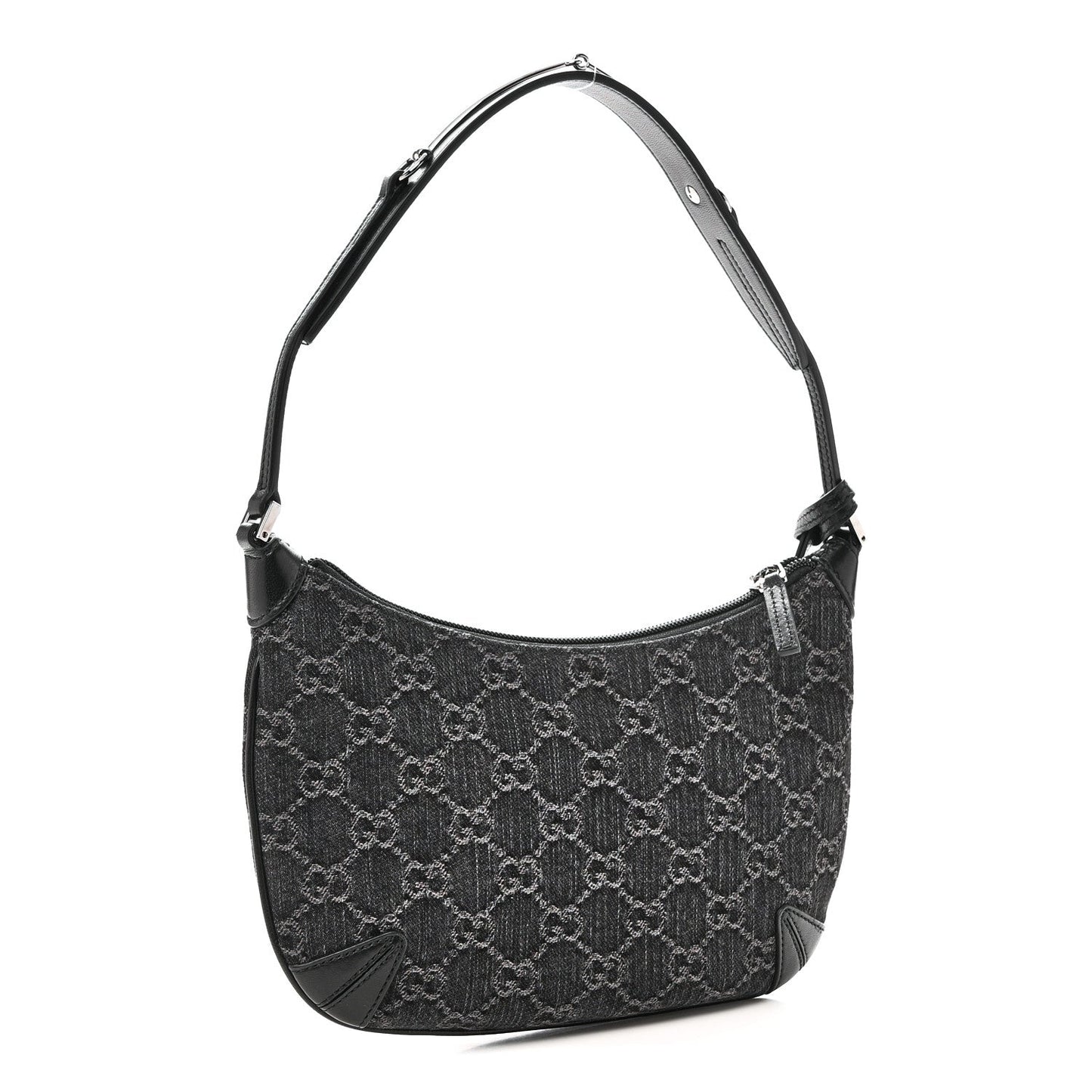 Jacquard Black Denim GG Monogram Horsebit Slim Small Shoulder Bag Black Grey