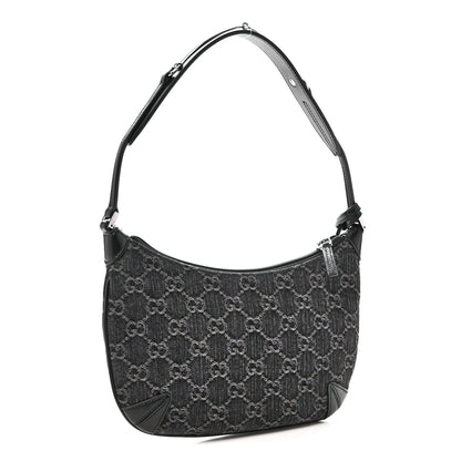 Jacquard Black Denim GG Monogram Horsebit Slim Small Shoulder Bag Black Grey