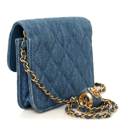 Denim Quilted CC Pearl Crush Clutch With Chain Blue