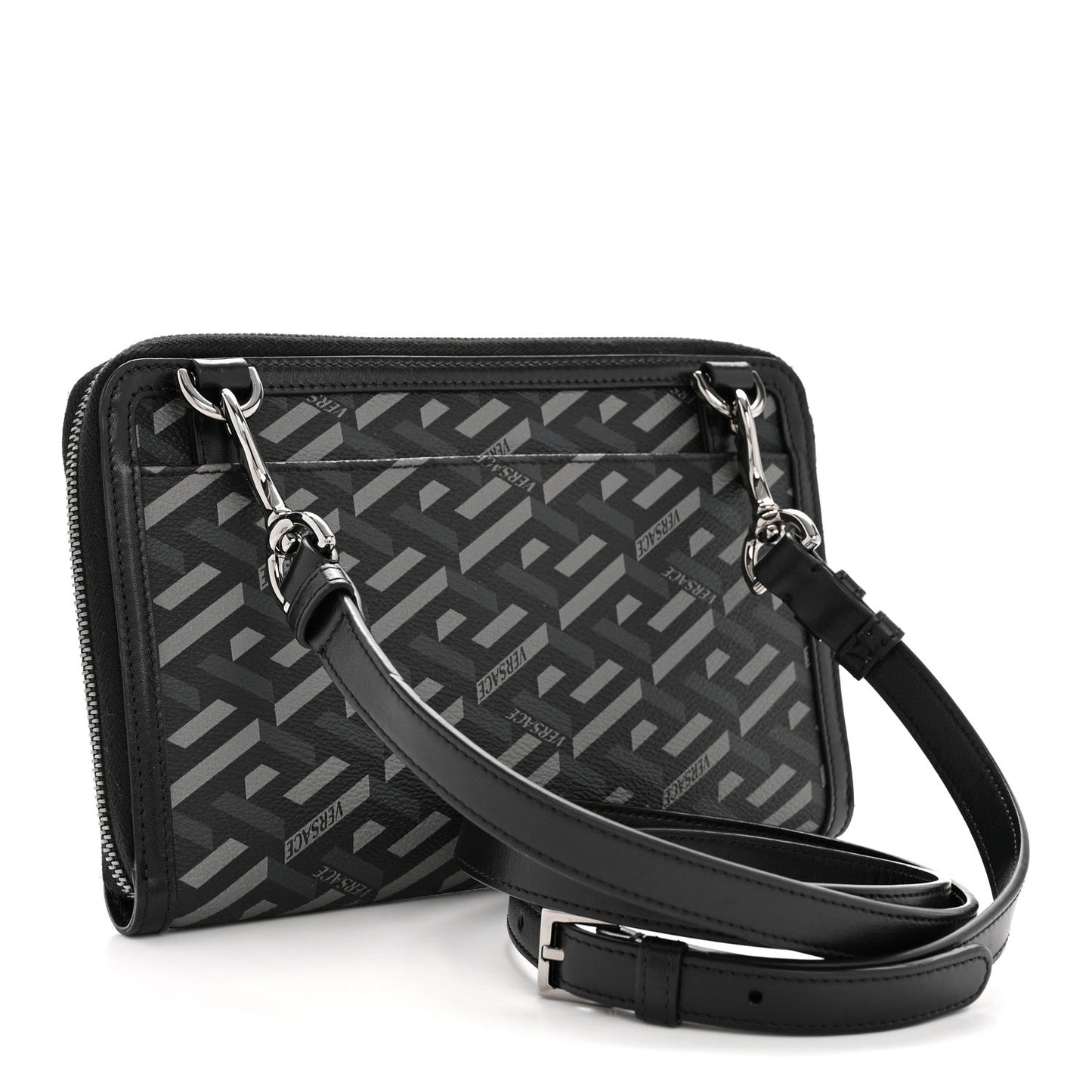 Coated Canvas La Greca Signature  Black Gray