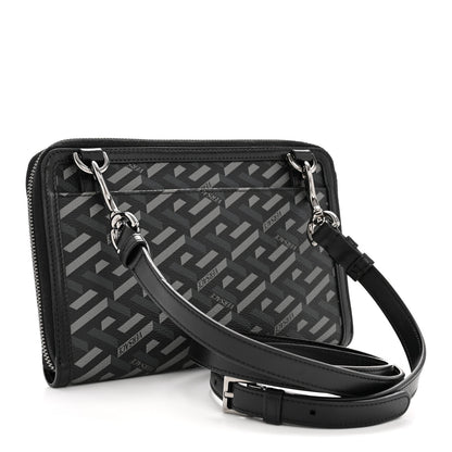 Coated Canvas La Greca Signature  Black Gray