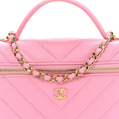 Shiny Caviar Chevron Quilted Top Handle Vanity With Chain Rose