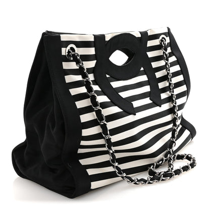Canvas Grosgrain Striped CC Shopping Tote Black White