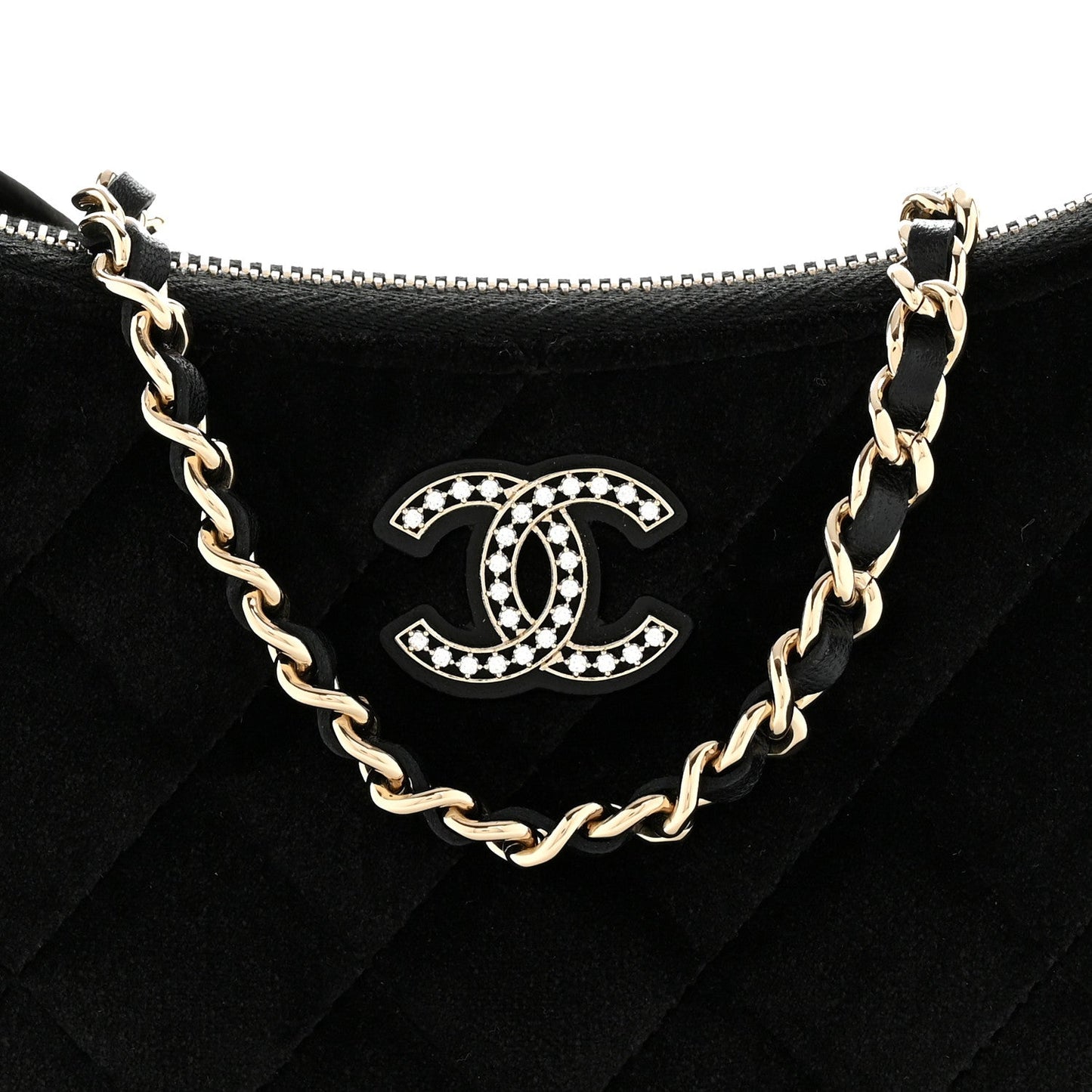 Velvet Crystal Quilted Chain Hobo Black