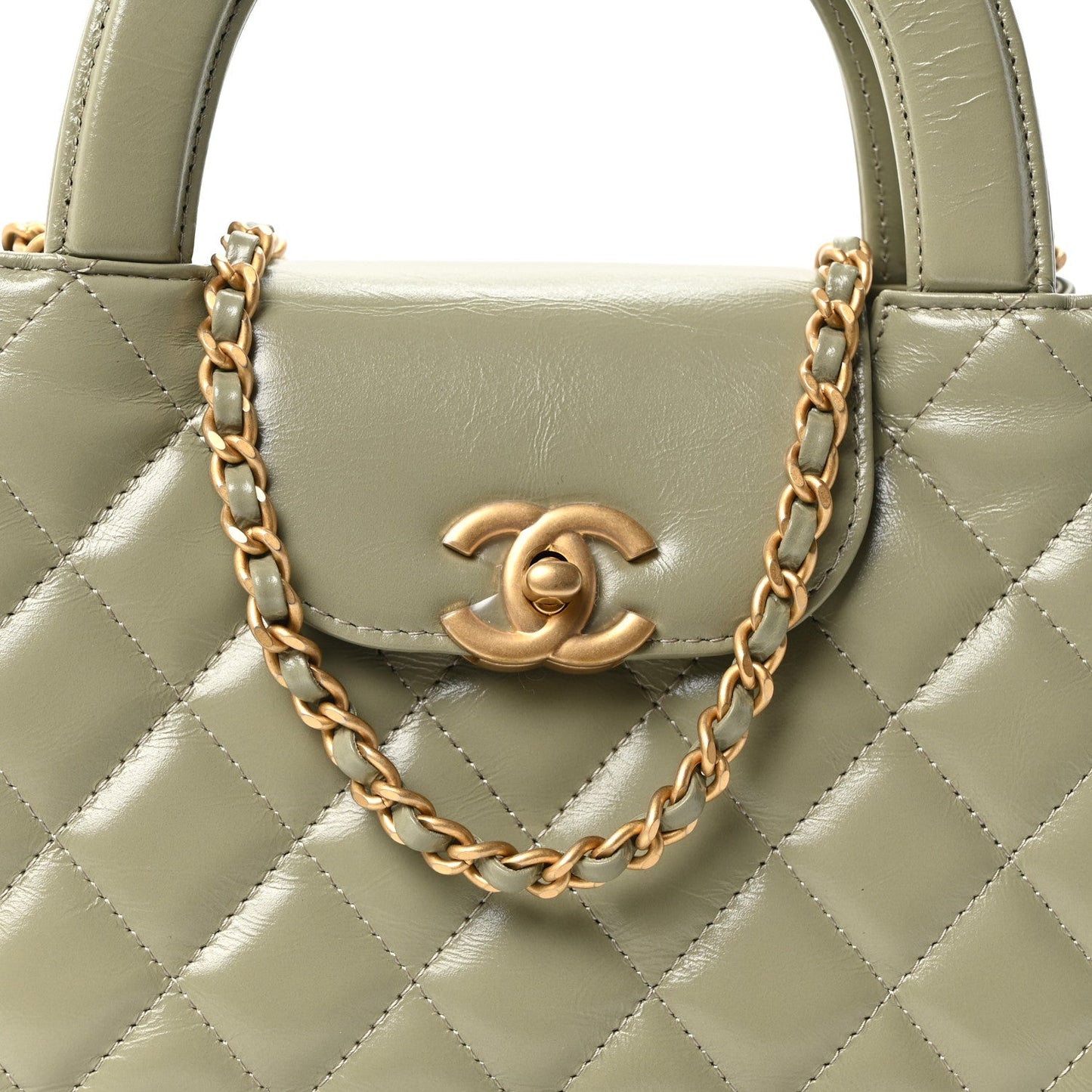 Shiny Aged Calfskin Quilted Nano Kelly Shopper Khaki
