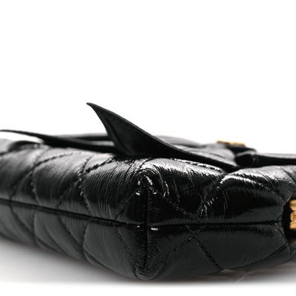 Patent Crumpled Lambskin Quilted Maxi Bow Clutch With Chain Black