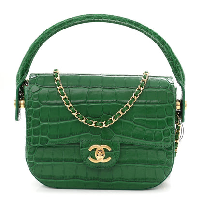 Calfskin Crocodile Embossed Turn Around Mini Flap Emerald