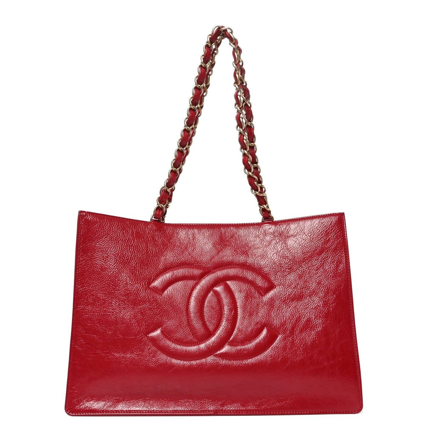 Shiny Aged Calfskin Shopping Bag Red