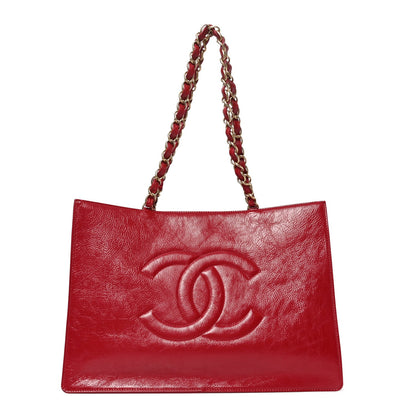 Shiny Aged Calfskin Shopping Bag Red