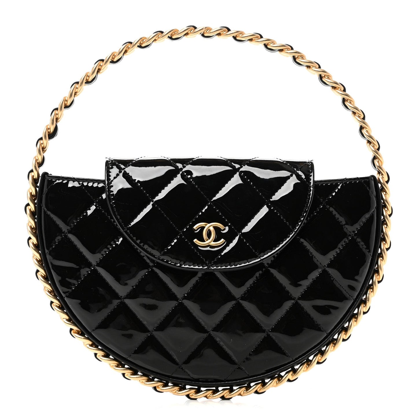 Patent Calfskin Quilted Chain Hoop Bag Black