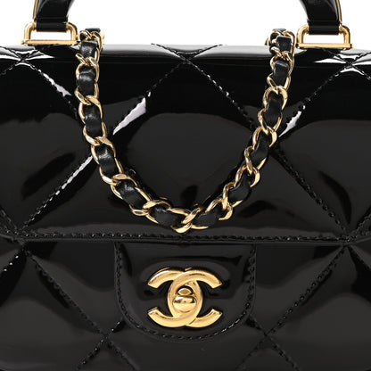 Metallic Mirror Calfskin Mini Top Handle Clutch With Chain  Black