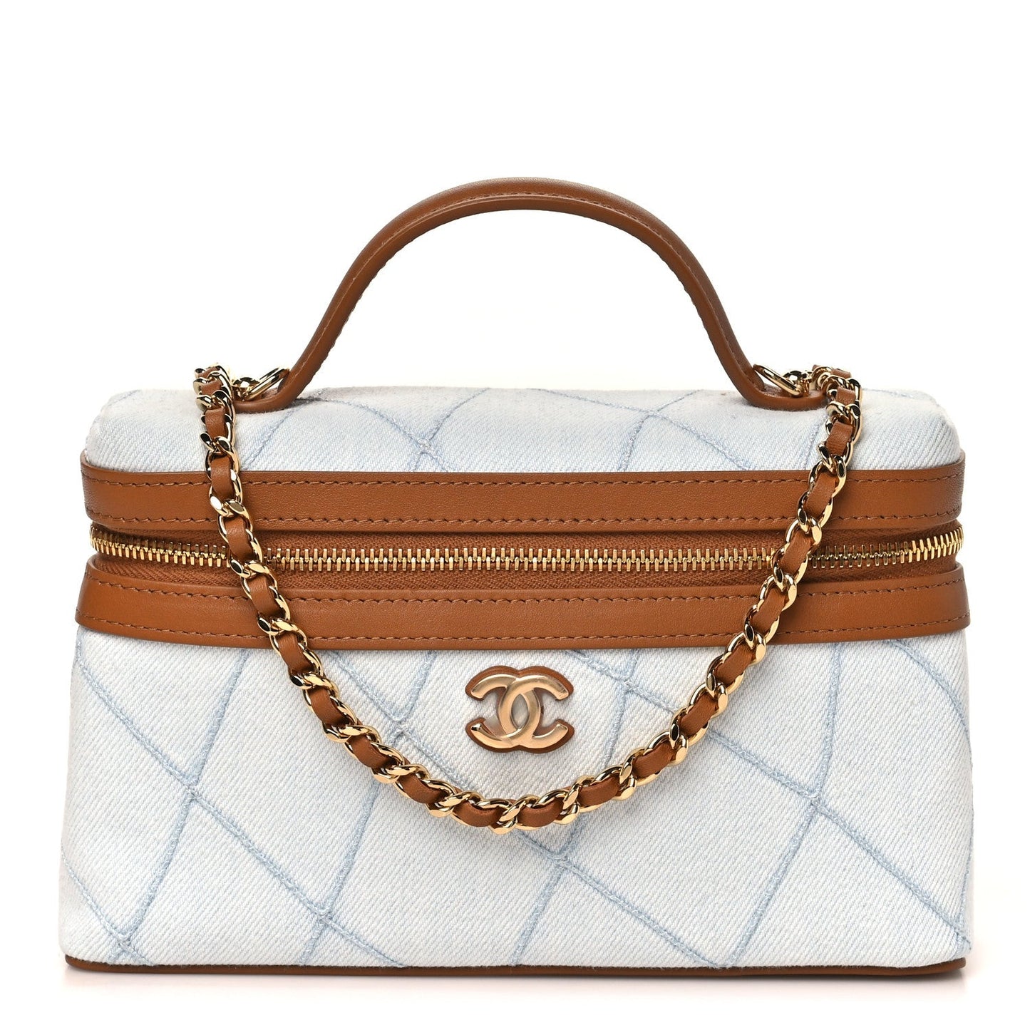 Washed Denim Calfskin Quilted Top Handle Slim Vanity Case With Chain Blue Brown