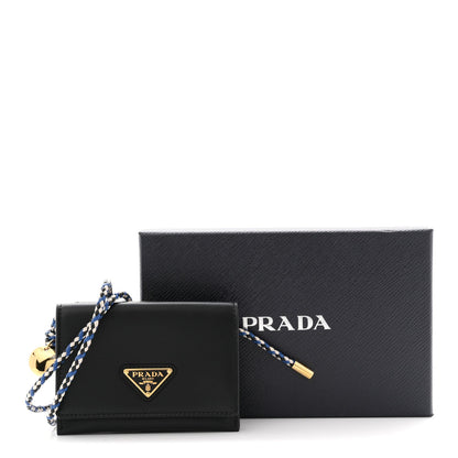 Vitello Card Holder With Braided Strap Black