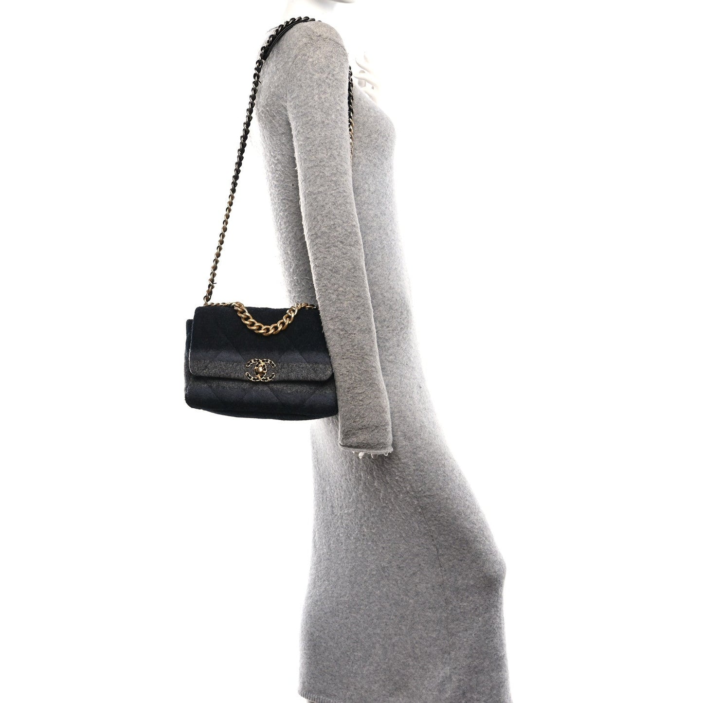Wool Quilted Medium Chanel 19 Flap Black Grey