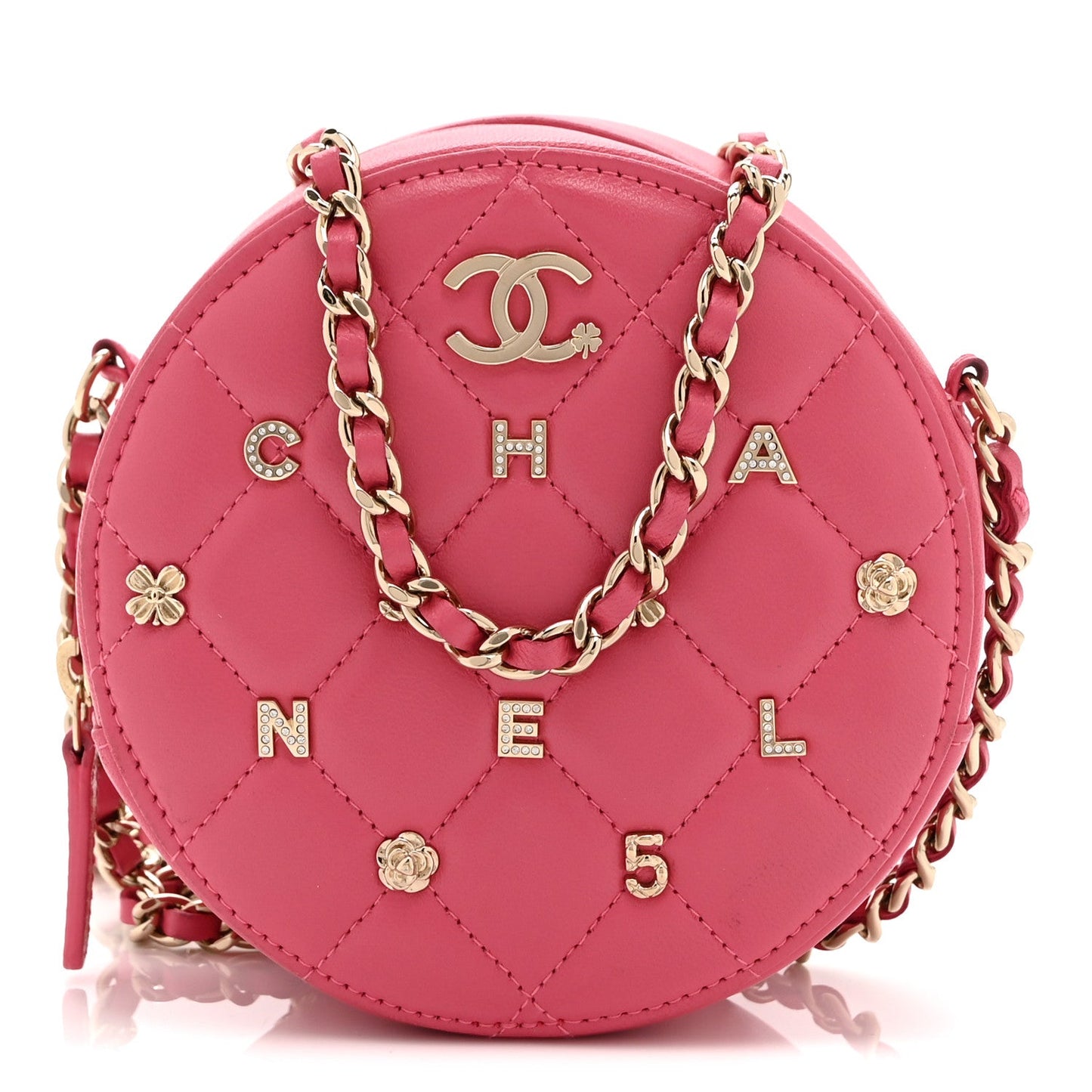 Lambskin Quilted Studded Round Clutch With Chain Dark Pink