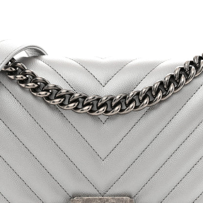 Metallic Caviar Chevron Quilted Medium Boy Flap Silver