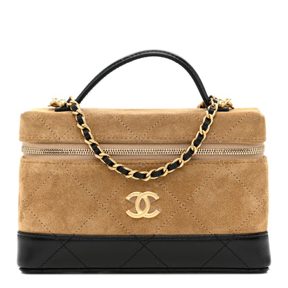 Suede Calfskin Shiny Lambskin Quilted Top Handle Slim Vanity Case With Chain Beige Black